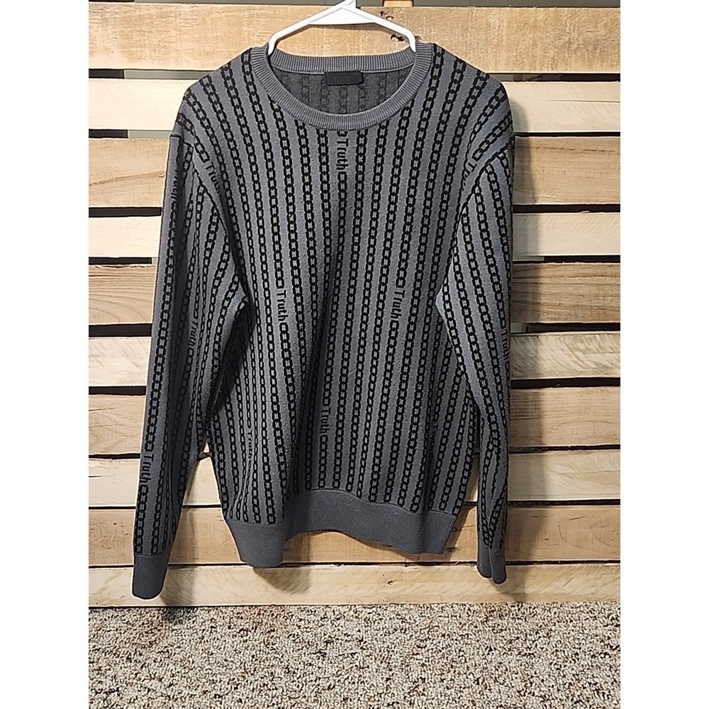 Truth‎ By Republic Sweater Mens Medium Gray Black Crew Neck Knit Casual Abstract